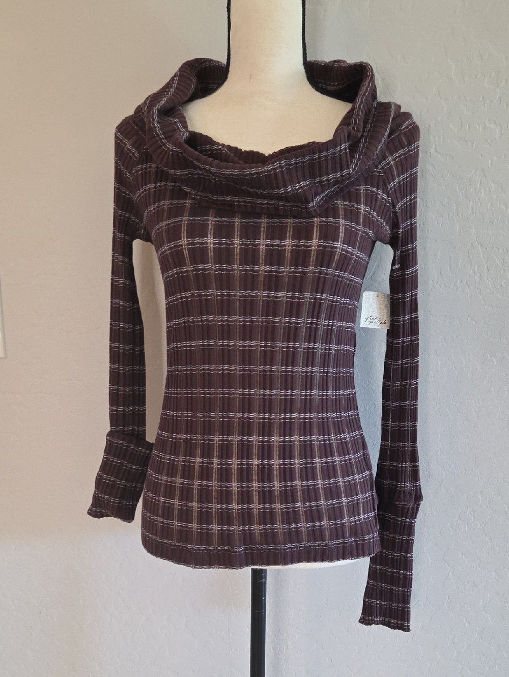 Free People Plum or Brown Plaid Sheer Cowl Neck Sweater Size Large NWT